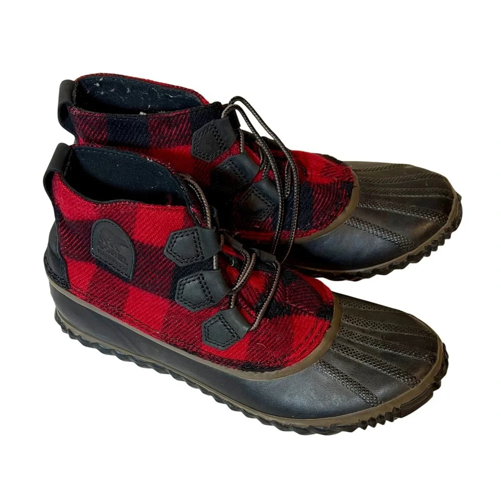 Sorel Out N About‎ Plus Plaid Boots Womens 8.5 Red Buffalo Duck Rain Waterproof